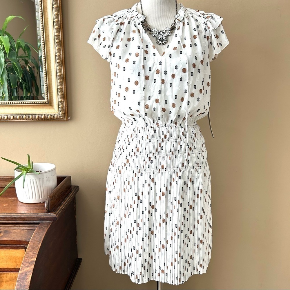 Anthropologie Current Air Cap Sleeve Pleated Mini Dress White Dot Size S New